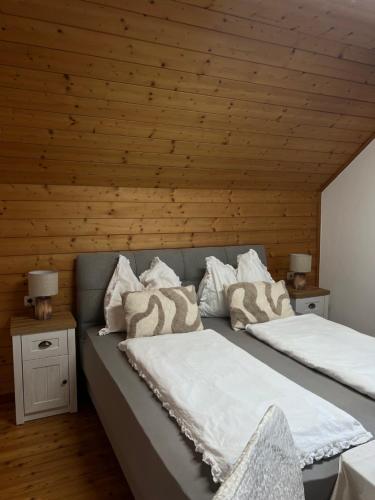 two beds in a room with wooden walls at Mentebauer Traudi's Ferienhof in Rothenthurn
