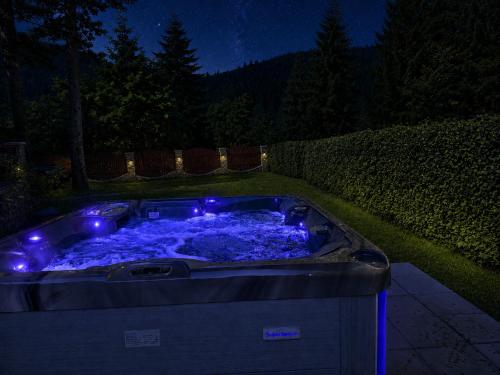 a hot tub with blue lights in a yard at night at RED HOUSE Sinaia in Sinaia