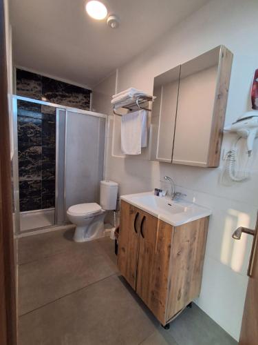 a bathroom with a sink and a toilet and a shower at Kasabalı OTEL&BUNGALOW in Bulgurca