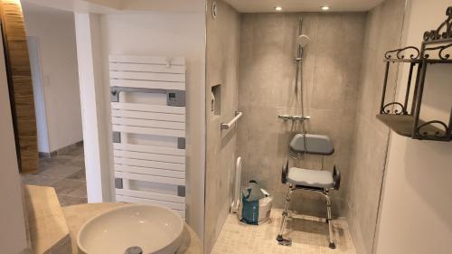 a bathroom with a sink and a shower and a toilet at L'atelier in Sugères
