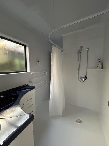a bathroom with a shower with a sink and a window at Seaside At Stephens Bay in Kaiteriteri