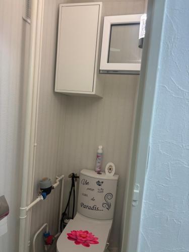 a bathroom with a toilet with a flower on it at Appartement Montalieu in Montalieu-Vercieu