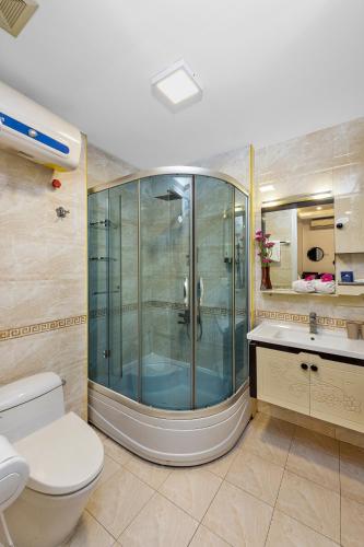 a bathroom with a shower with a toilet and a sink at Golden Sun Hotel in Hanoi