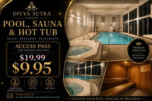 a flyer for a hotel swimming pool and a hot tub at Divya Sutra Plaza and Conference Centre, Vernon, BC in Vernon
