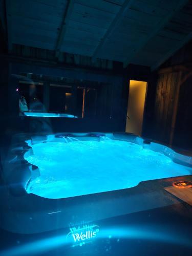 a blue hot tub in a dark room at Widokowe Stodoły Bieszczady-domy jacuzzi i widokiem połonin in Lesko
