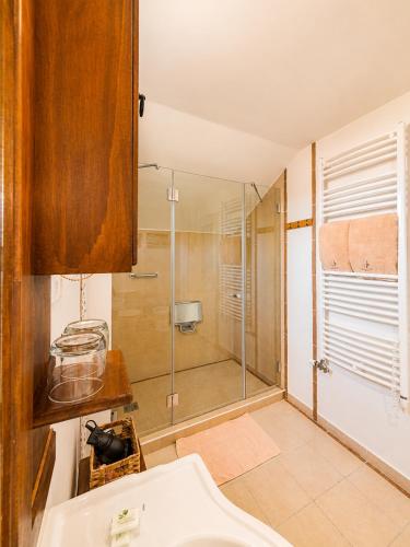 a bathroom with a shower with a glass door at Csiszárhegyi Vadászház in Karád