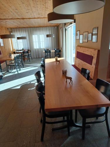 a conference room with a long wooden table and chairs at Capetta Appartement in Cresta