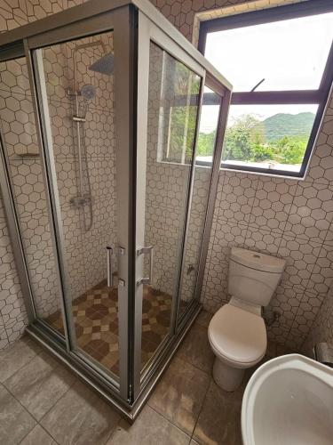 a bathroom with a shower and a toilet and a sink at Nyanja Cottage in Chembe