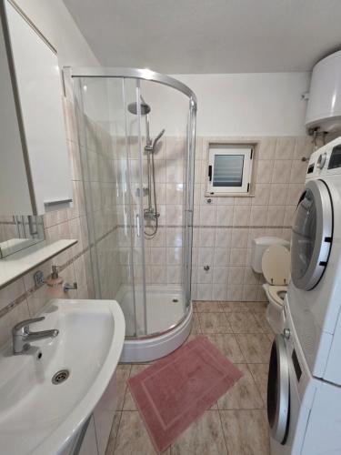 a bathroom with a shower and a sink and a toilet at Apartman Andrej in Povlja
