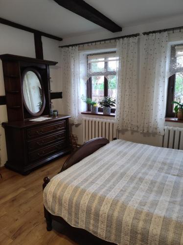 a bedroom with a bed and a dresser and a mirror at Odpocznij -apartament nad jeziorem in Rydzewo