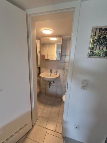 a bathroom with a sink and a toilet at Ferienwohnung Weitblick in Steinbach im Taunus