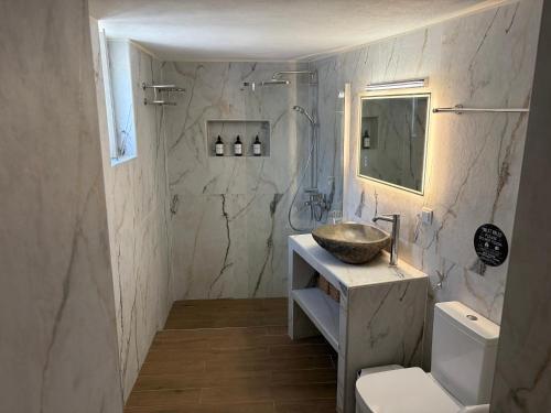 a bathroom with a sink and a shower at Leonidas house hydra in Hydra