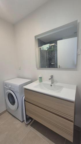a bathroom with a sink and a washing machine at Between Calvi and Ile Rousse seaside in Lumio