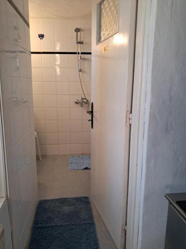 ein Badezimmer mit Dusche und weißer Tür in der Unterkunft Loggi House in Kástron