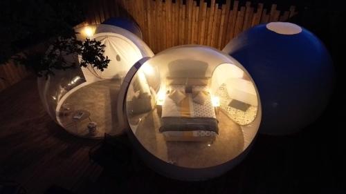 a room in a glass dome with a bed in it at La Bulle des Brosses étoilées in Igé