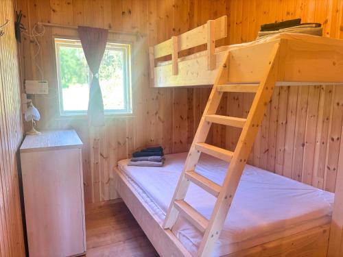 a bunk bed in a wooden room with a ladder at Sodra Fullsjön in Stugun
