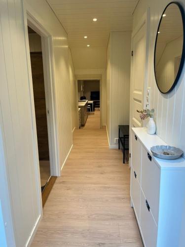 a hallway with a sink and a mirror at Basement apartment in Tokheim