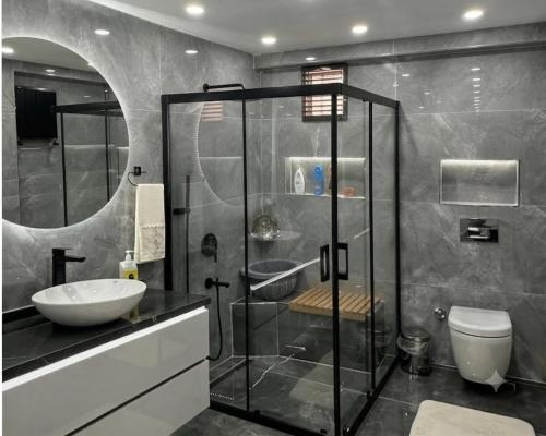 a bathroom with a shower and a sink and a toilet at Luxury apartment With 3 Ac and Free Parking in Lahore