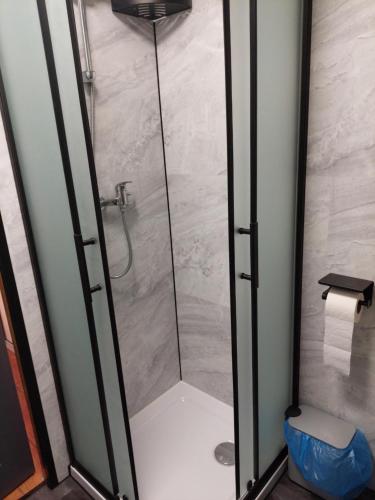 a shower with a glass door in a bathroom at Domek letniskowy in Antonowo