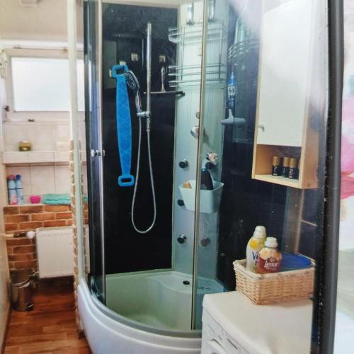 a shower with a glass door in a bathroom at TANIE NOCLEGI u WOJTKA in Cieplice Slaskie Zdroj