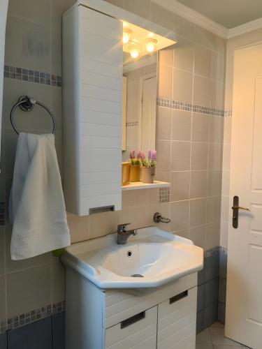 a bathroom with a sink and a mirror at Emis house krioneri in Lapanayoí