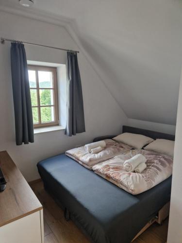 a bed in a room with a window at Domačija Blaževc in Žiri