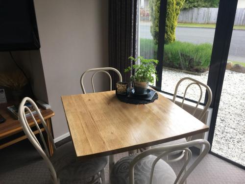 a wooden table with chairs and a potted plant on it at Lakefront Lodge in Te Anau