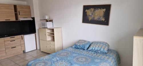 a small bedroom with a bed and a television at Studio moderne Évian, lac et therme in Évian-les-Bains