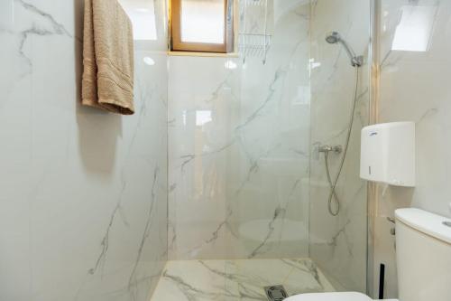 a bathroom with a shower with a glass door at Lenka & Anika in Nikšić