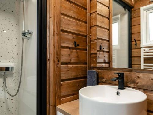 a bathroom with a white sink and a wooden wall at Camping LANDAE in Ondres