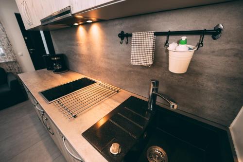 a kitchen with a sink and a counter top with a sink at Apartamenty PRIMA in Rewal