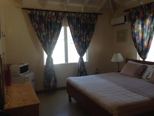 a bedroom with a bed and a window with curtains at Eko Cozy Guest House in Saint Johnʼs