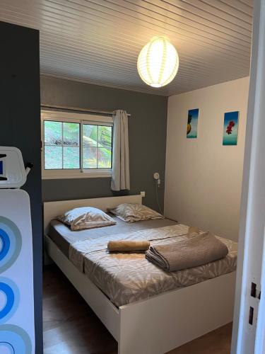 a bedroom with a bed with a light on the ceiling at Villas smoothie SYCARO in Le François