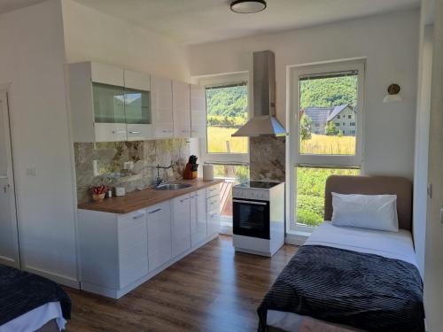 a kitchen with white cabinets and a sink and two windows at Nana Time Guesthouse in Vusanje