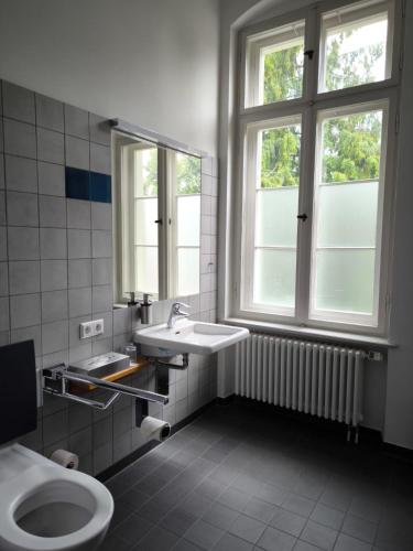 a bathroom with a sink and a toilet and two windows at Hotel Brandenburger Dom in Brandenburg an der Havel