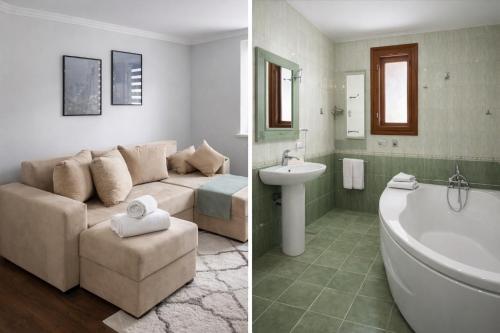 a bathroom and a living room with a couch and a sink at Woodside House in Solotvyno