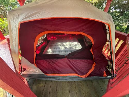 an inside view of a tent with the door open at DiscoCat Studios in Ocracoke