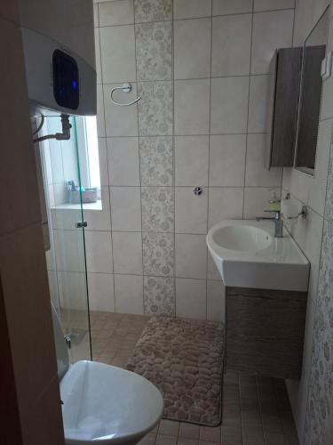 a bathroom with a shower and a toilet and a sink at Korter kesklinna piirkonnas in Tartu