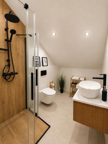 a bathroom with a toilet and a sink and a shower at Młyn Bosaka in Ojców