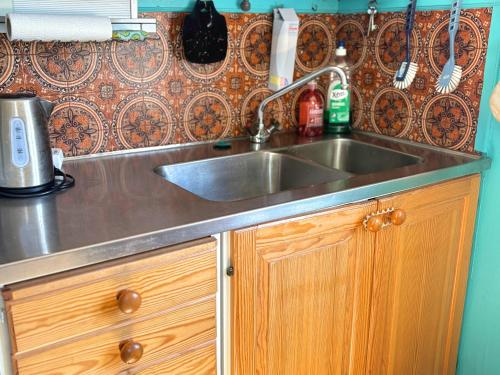 a kitchen with a stainless steel sink and wooden cabinets at Hus Hammerstrand in Hammarstrand