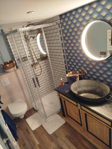 a bathroom with a sink and a toilet and a mirror at Le fenil du Grand Dormeur - Chambres d'hôtes in Bischoffsheim