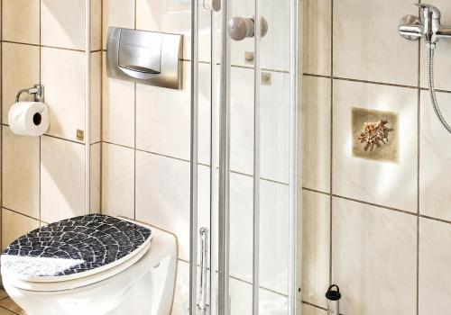 a bathroom with a toilet and a shower at Siebers-Ferienwohnung in Saupsdorf