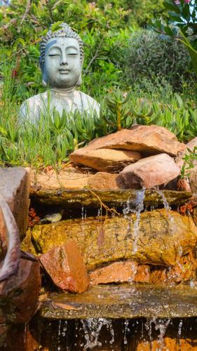 a statue sitting next to a water fountain at Royal Palm in Porto-Vecchio