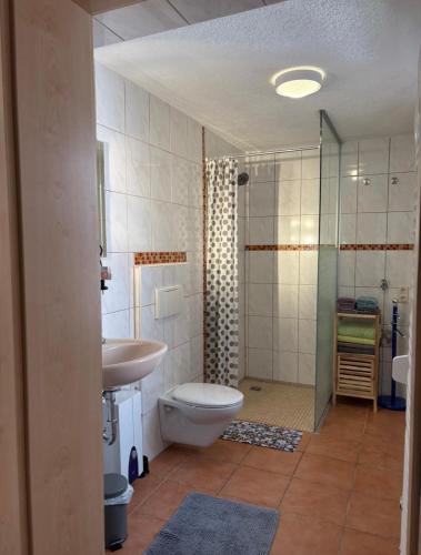 a bathroom with a toilet and a sink and a shower at Ferienwohnung im Ort in Röbel