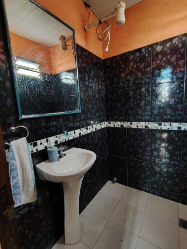 a bathroom with a sink and a mirror at Mi Hábitat Lambaré - Habitaciones con Baño Privado, Cocina y Comedor equipados con electrodomésticos, con Quincho al Aire Libre in Asunción