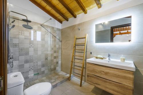 a bathroom with a sink and a shower and a toilet at Pyrgos Country House in Skopelos Town
