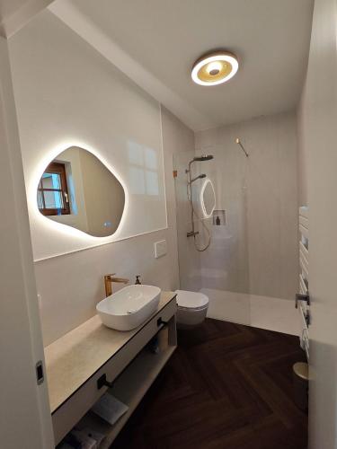 a bathroom with a sink and a toilet and a shower at Studios zur Schmiede in Weyregg