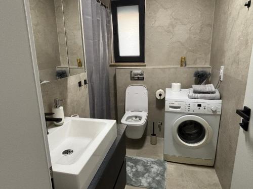 a bathroom with a sink and a washing machine at Ferienwohnung Mina in Münsingen