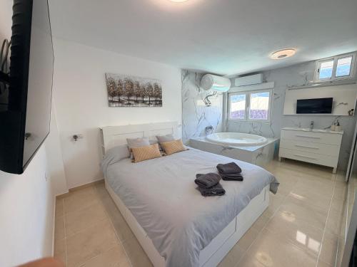 a bedroom with a bed and a sink and a tub at Lagoon Suits in San Borondón