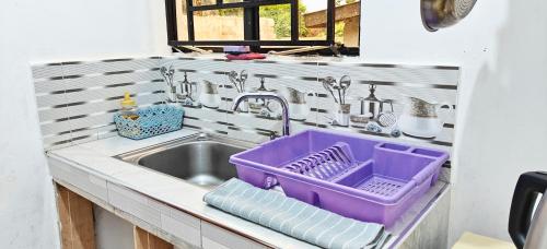 a kitchen sink with a purple tray in it at Dans place in Moshi